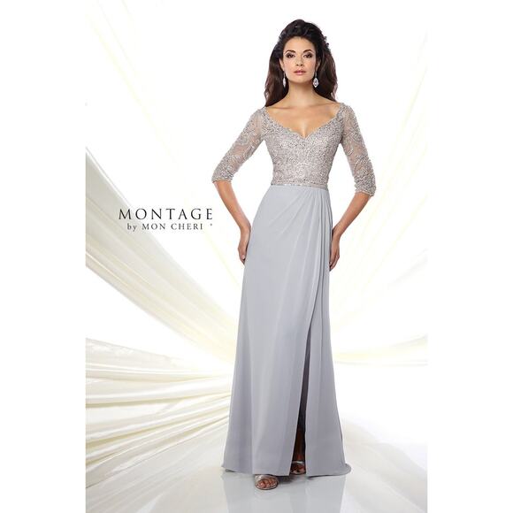Mon Cheri Mother of The Bride Slate Gray Rhinestone Sweetheart Neckline Gown - Picture 1 of 8